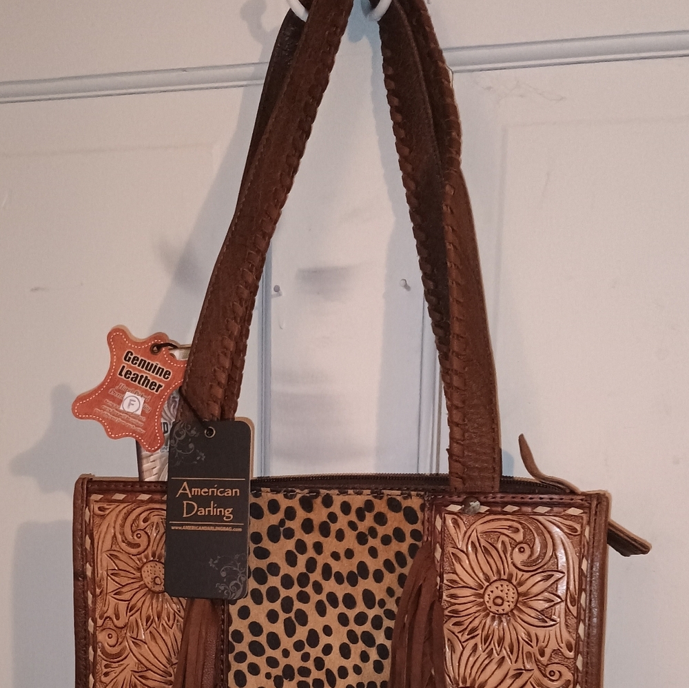 American Darling Genuine Tooled Leather,i Leopard Hair On Hide Tote with Fringe